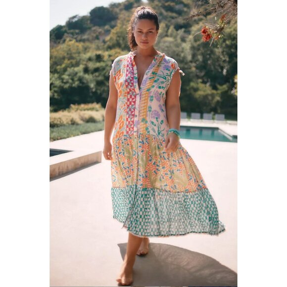 Ellen Merchant For Anthropologie Shoulder-Tie Button Dress Colorful Patchwork L - Picture 1 of 14